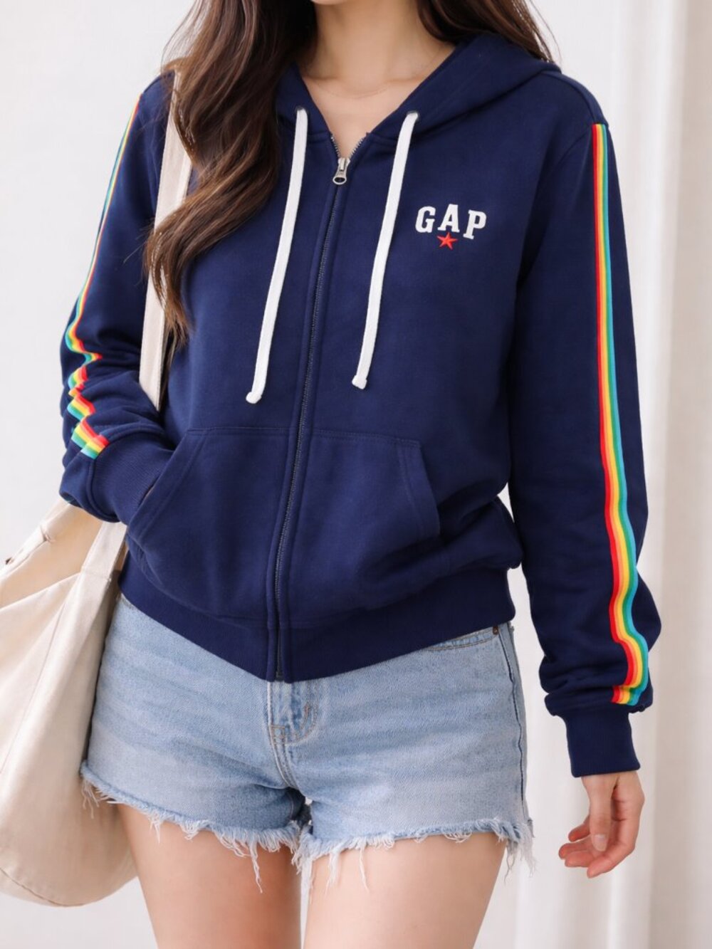 GAP Rainbow Hoodie Women's Size L Women's Full Zip Retro Navy Blue NICE COND!